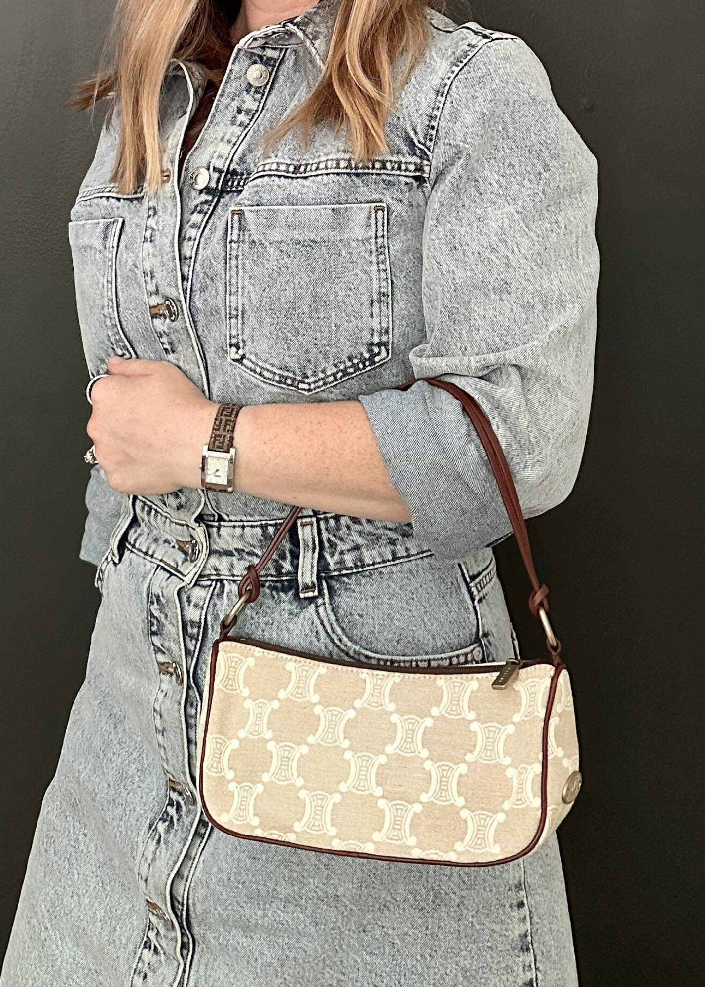 Celine Cream Canvas pochette try on