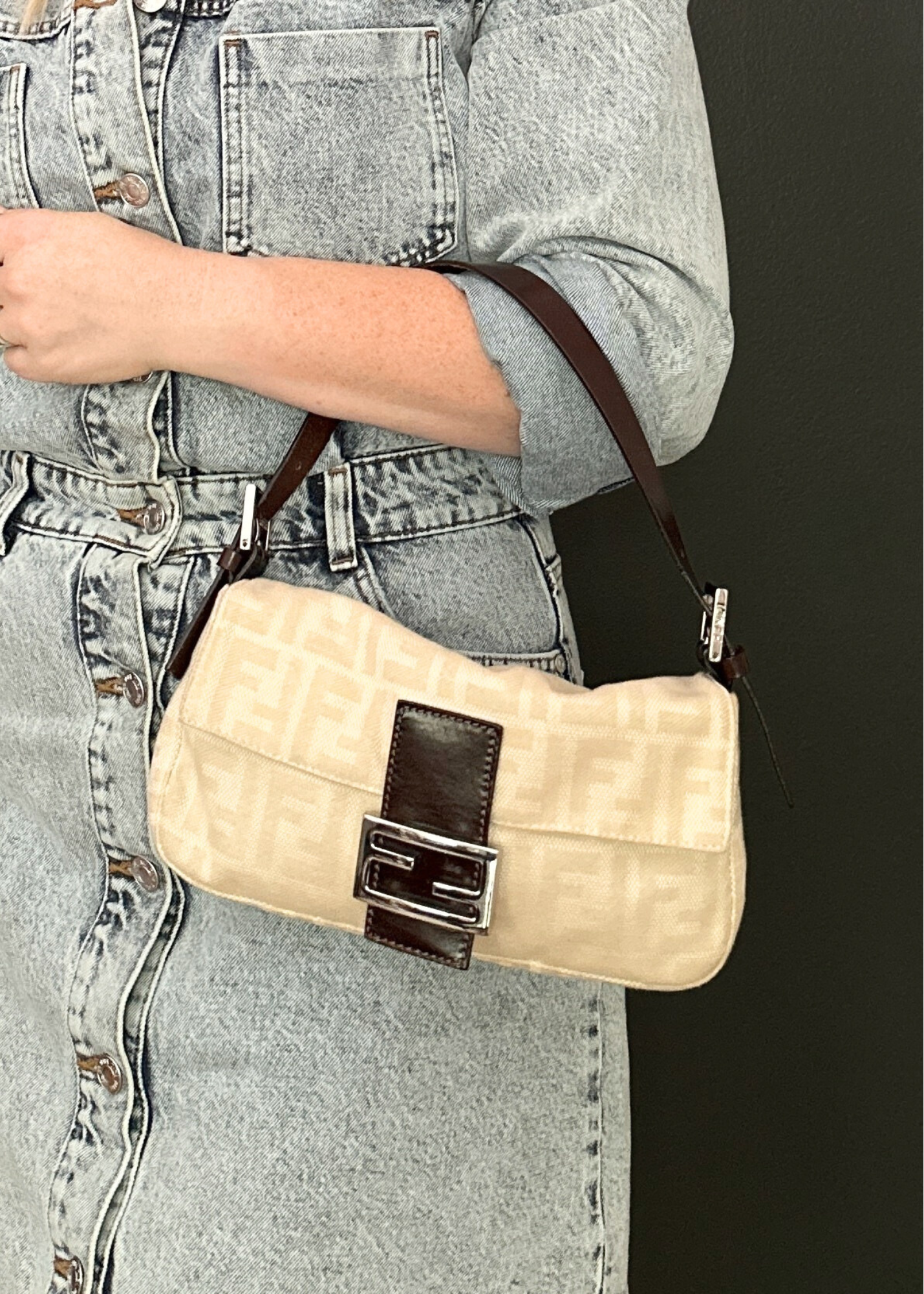 Fendi cream zucca baguette with brown leather tried on
