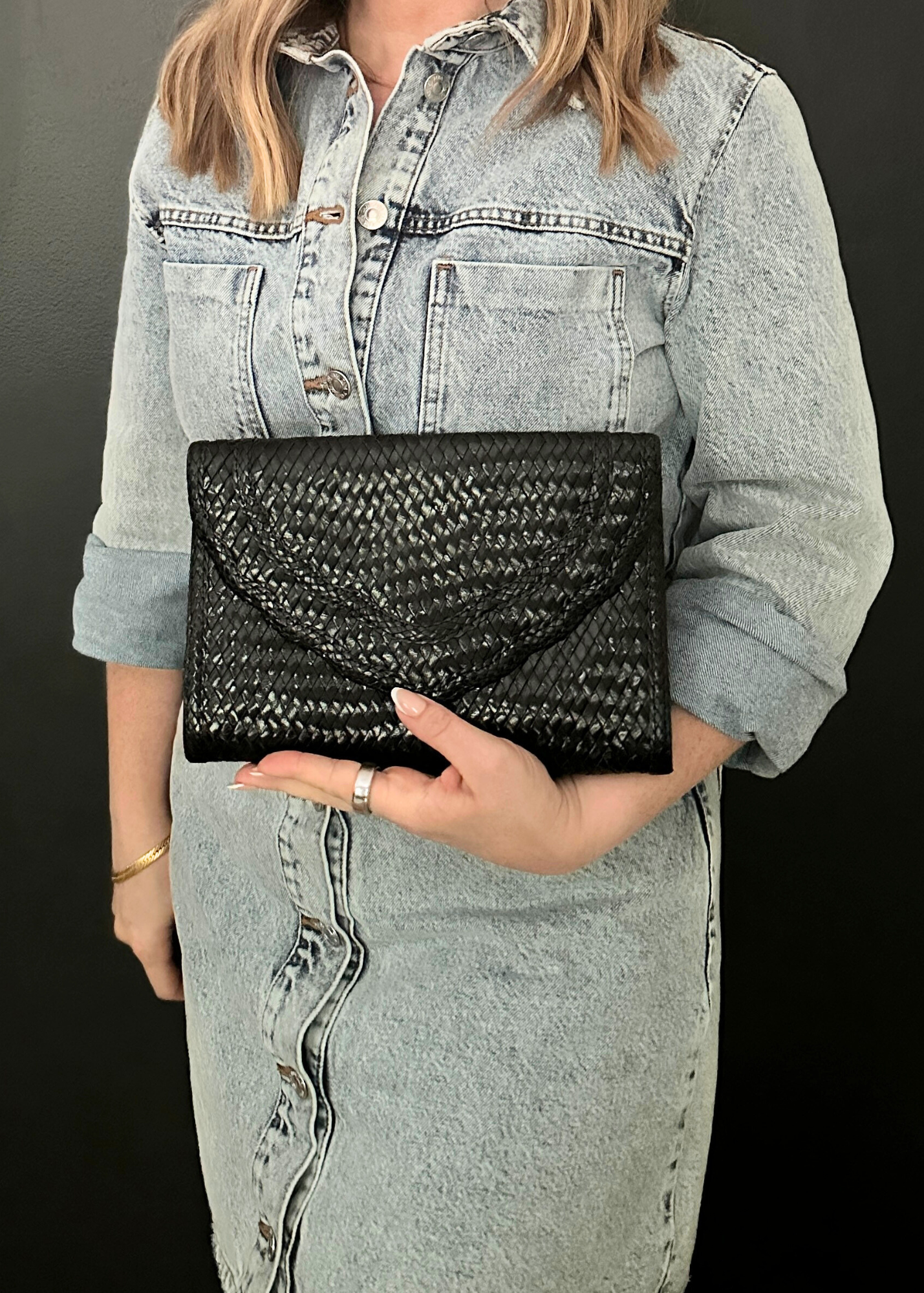 Yves Saint Laurent Patent Leather Woven Clutch Black