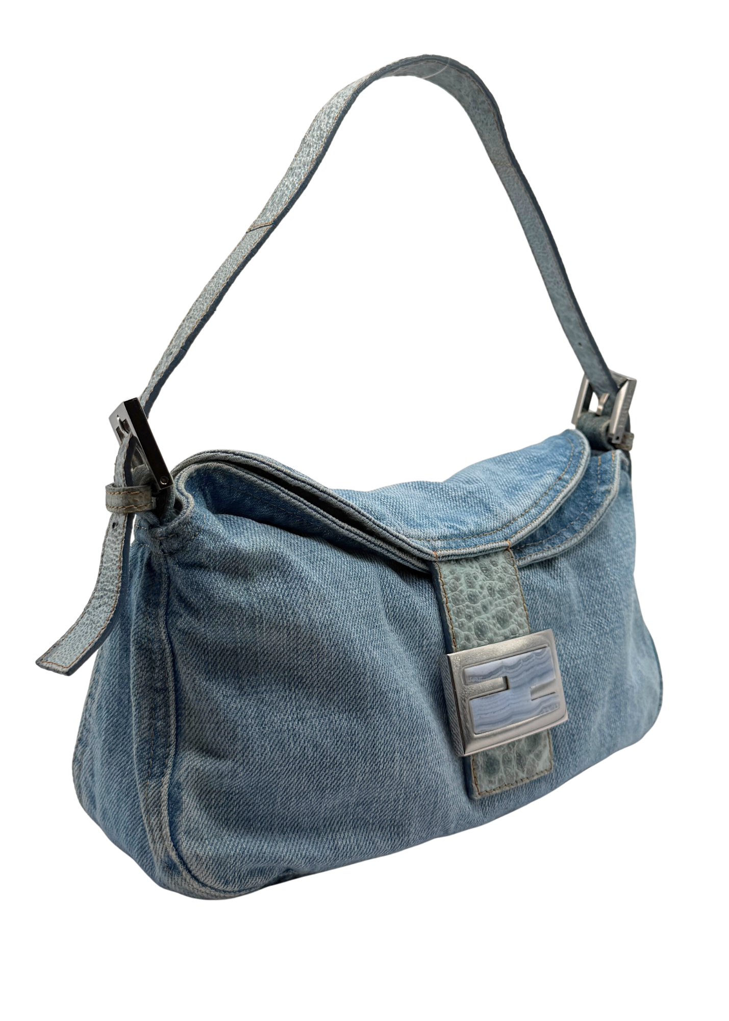 RARE FENDI DENIM & OSTRICH MAMA BAGUETTE