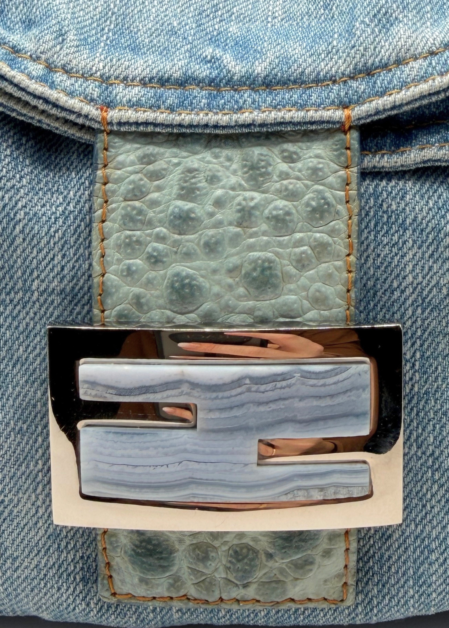 RARE FENDI DENIM & OSTRICH MAMA BAGUETTE