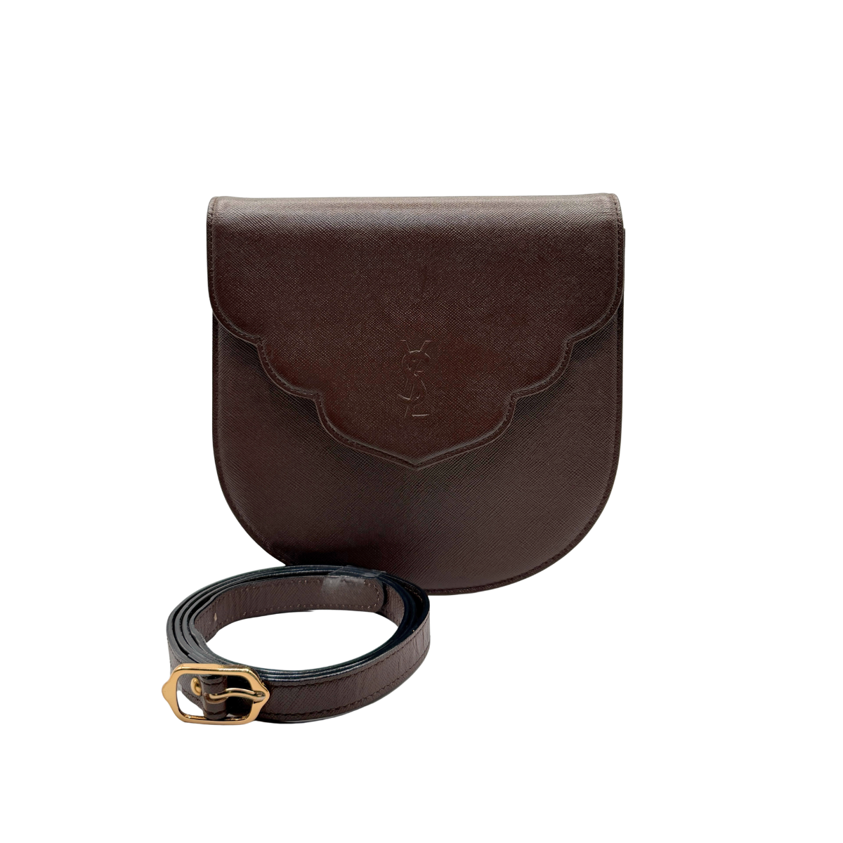 Brown vintage leather Yves Saint Laurent bag with matching strap on a white background