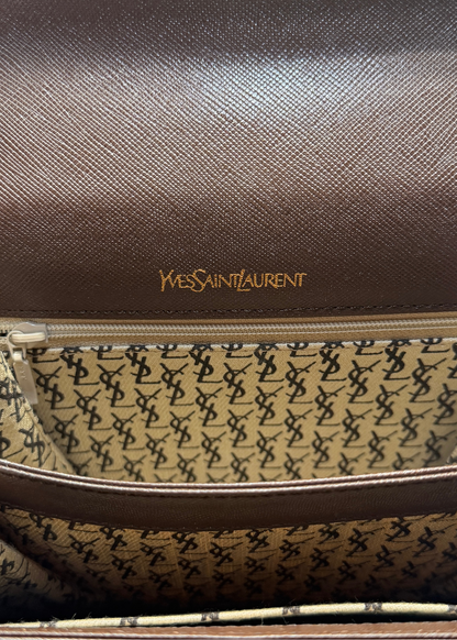 Yves Saint Laurent vintage brown leather handbag with flap and visible logo