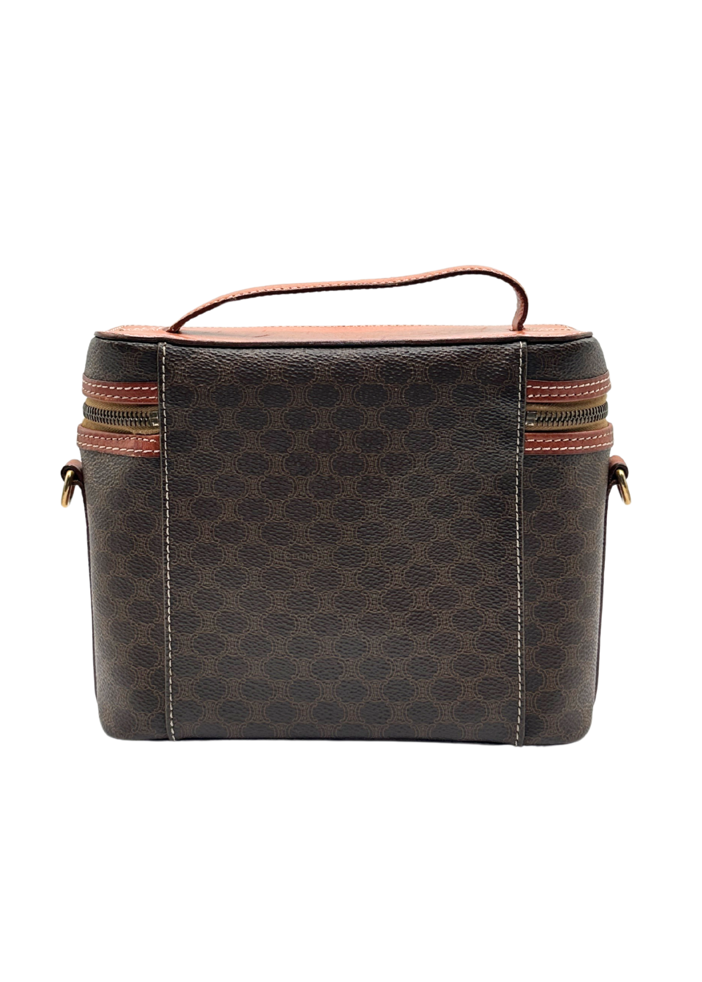 Brown patterned vintage Celine bag with red accents on a white background