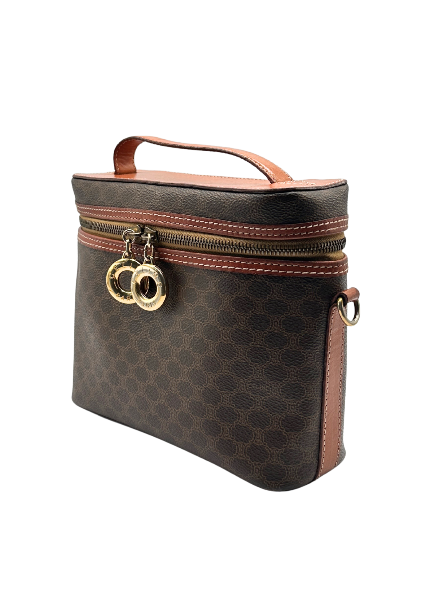 Brown Celine vintage handbag with gold zipper and accents on a white background