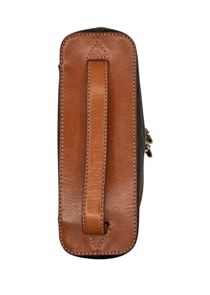 Brown leather pouch with a handle on a white background