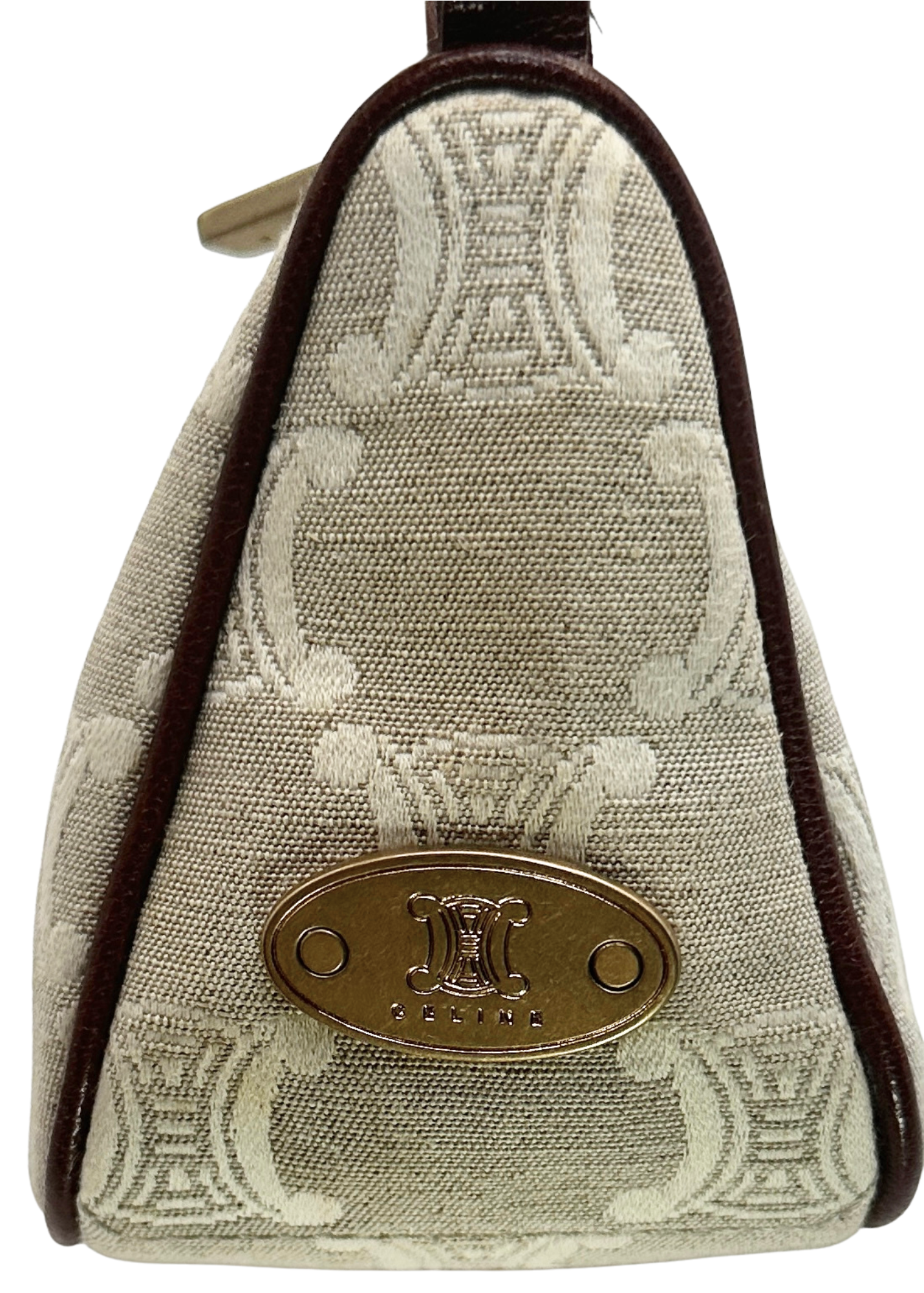 Cream Celine handbag with white triomphe embroidery and brown leather straps