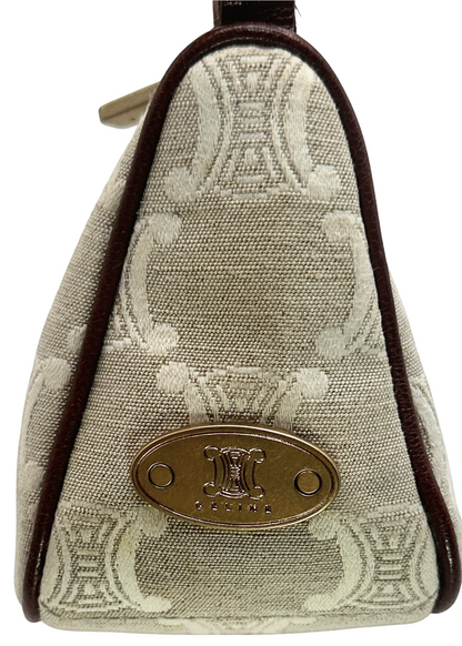 Cream Celine handbag with white triomphe embroidery and brown leather straps