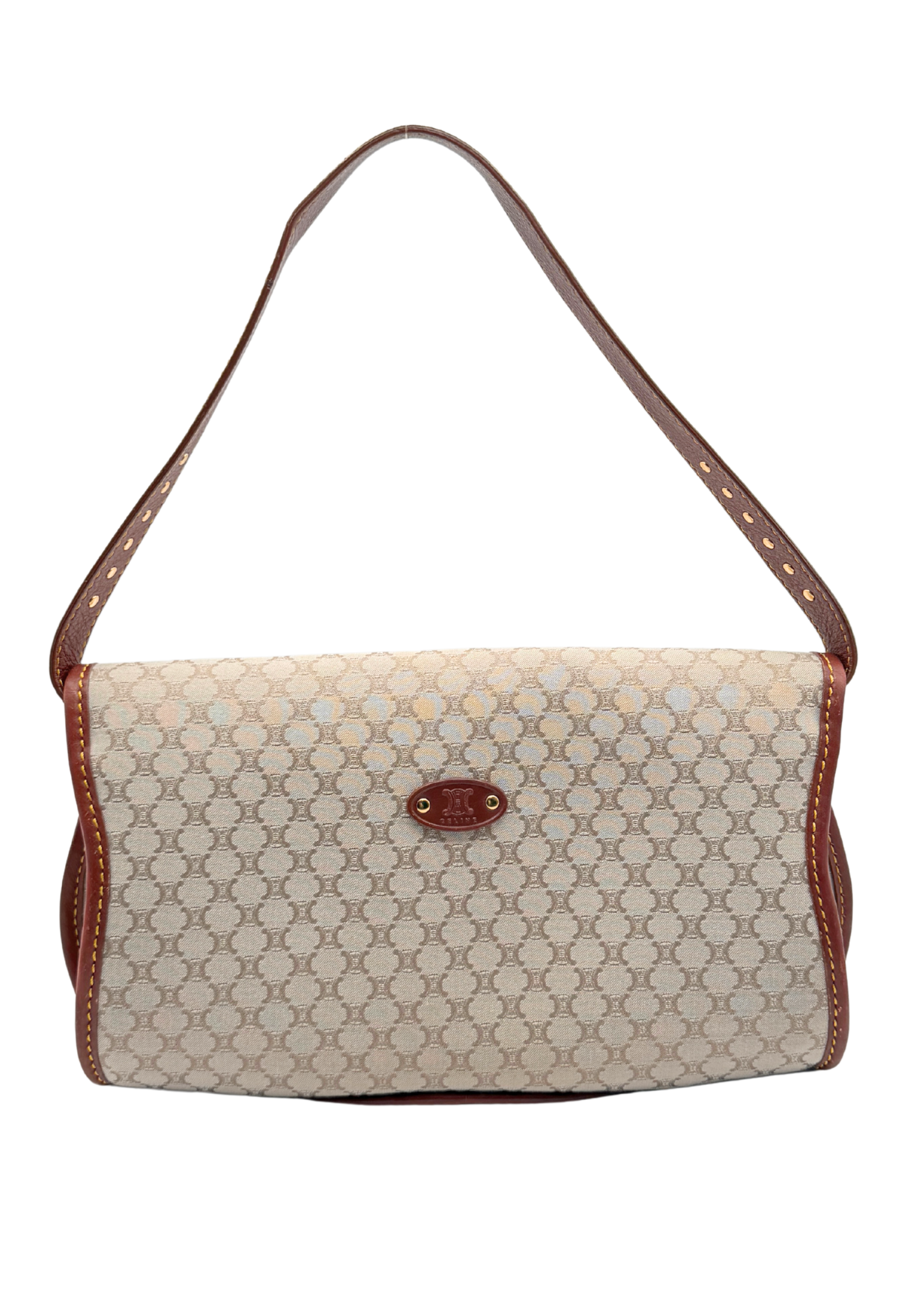 A vintage Celine Triomphe shoulder bag with tan strap and trim
