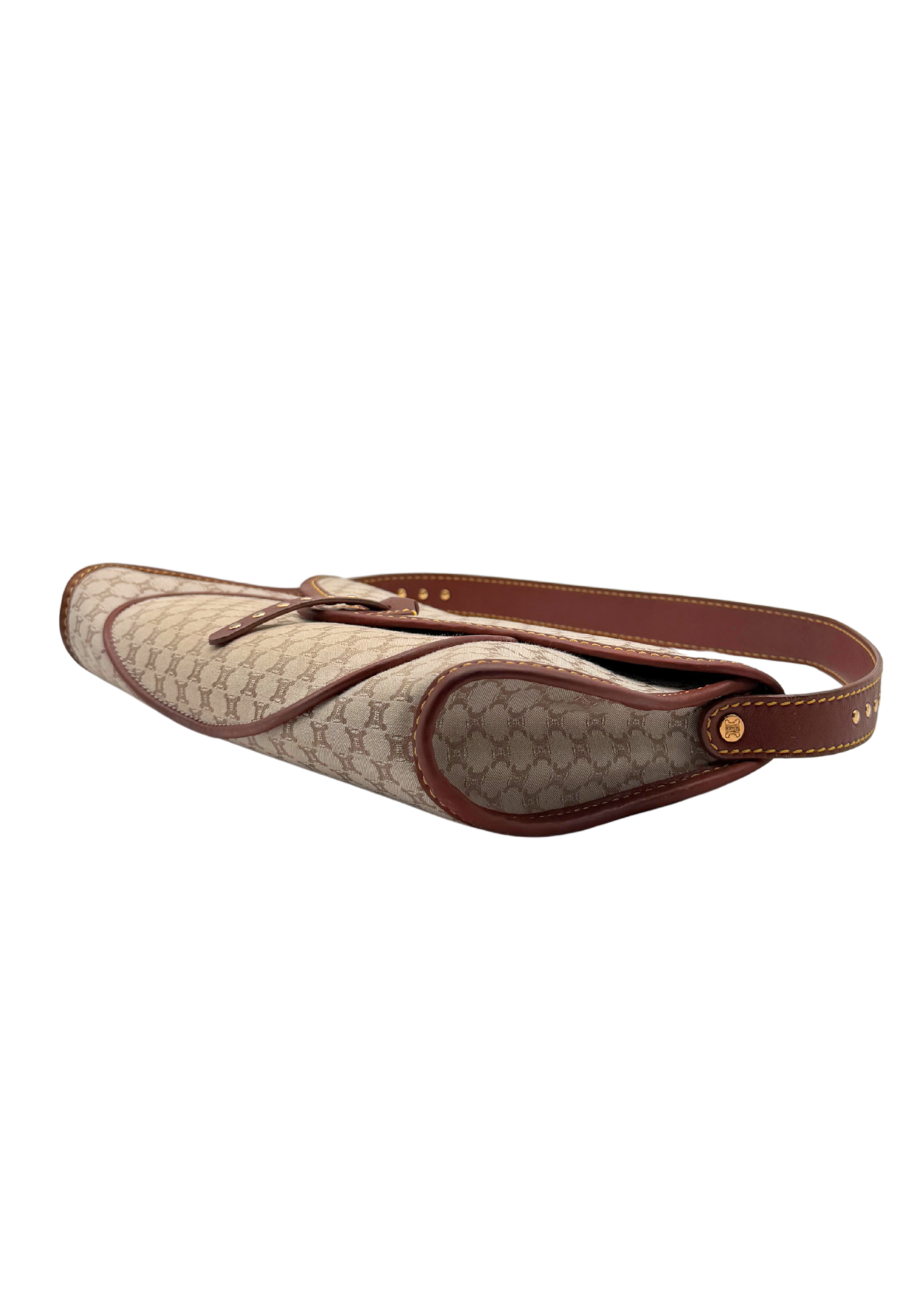 A vintage Celine shoulder bag in beige triomphe canvas with brown leather trim and strap, shown on a plain white background.