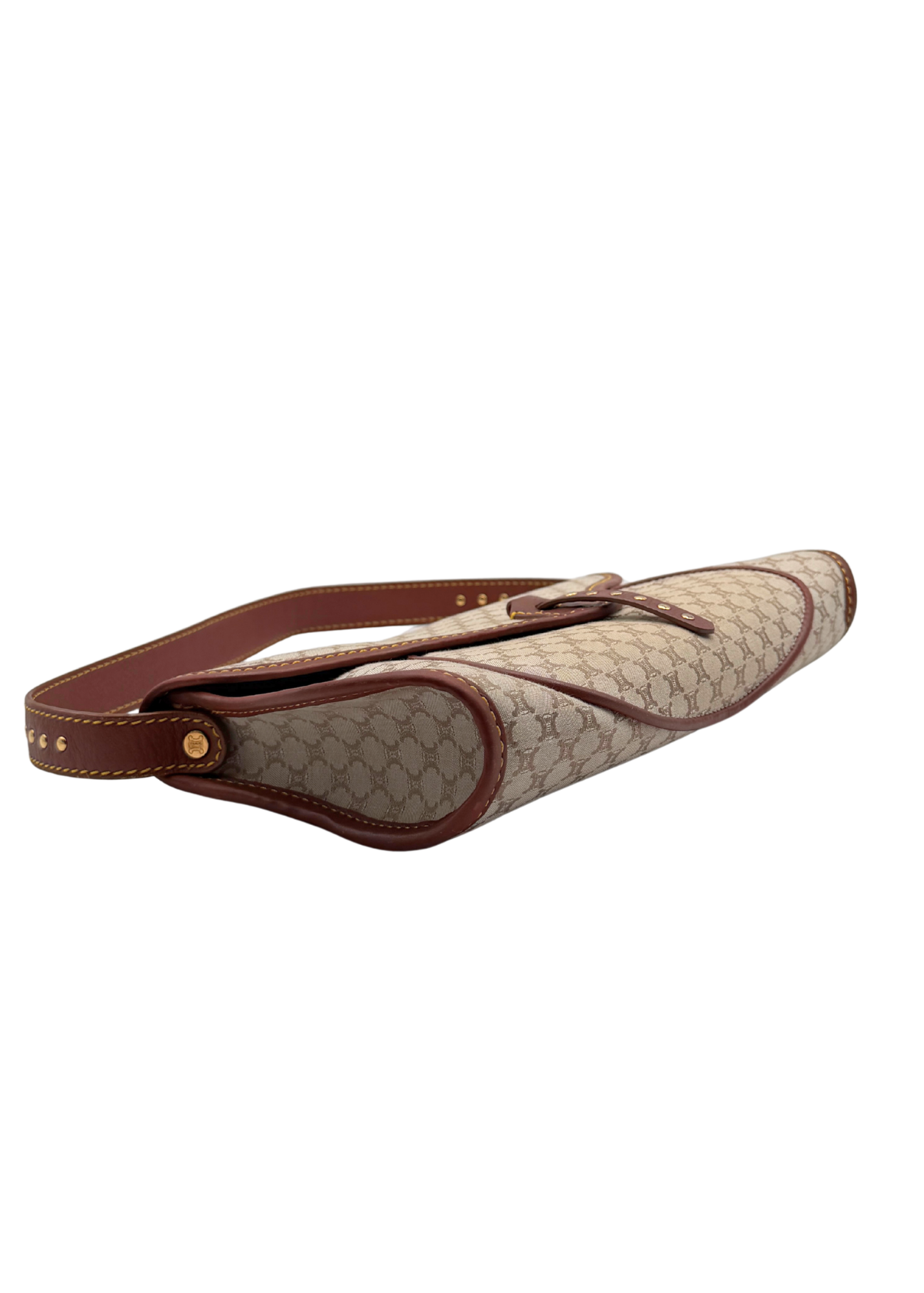 A vintage Celine triomphe monogram canvas pouch with brown leather trim and strap, shown on a plain white background.