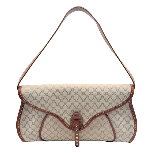 A Celine shoulder bag in beige and brown Triomphe canvas with brown leather trim and strap