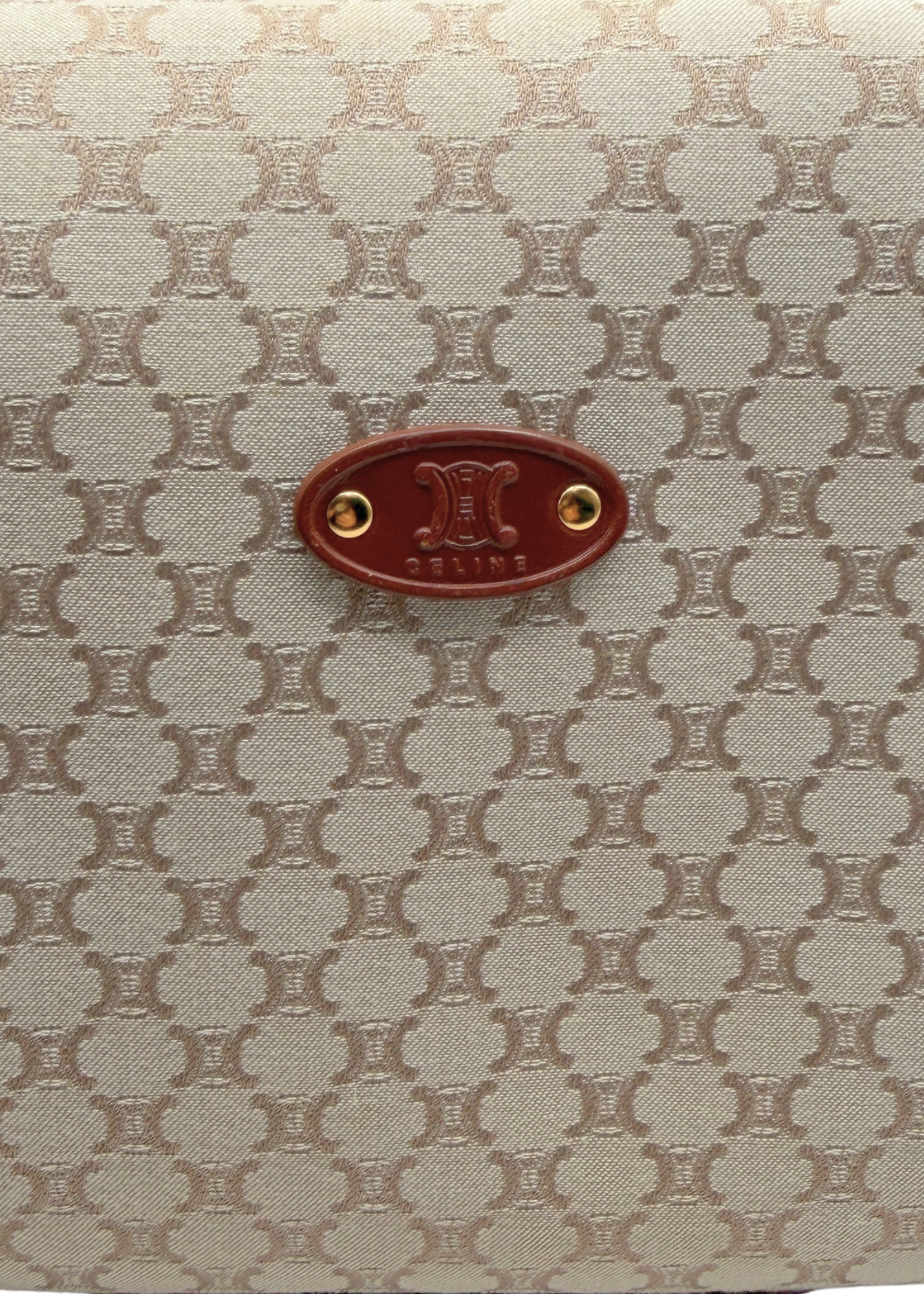 Close-up of a vintage Celine handbag featuring the brand's signature repeating triomphe monogram pattern in beige and brown, with a central brown leather oval logo badge.