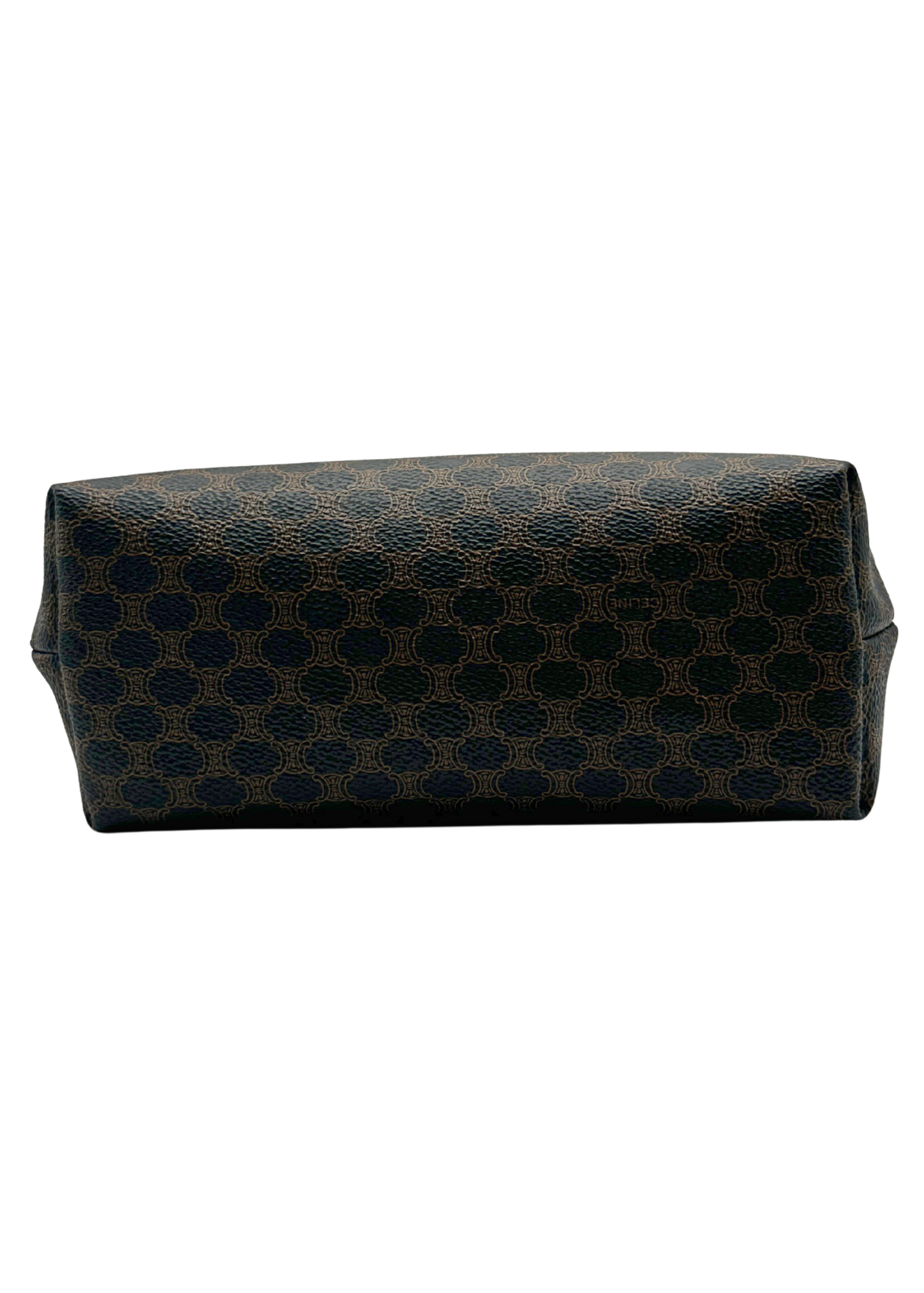Black and gold patterned Celine toiletry bag on a white background
