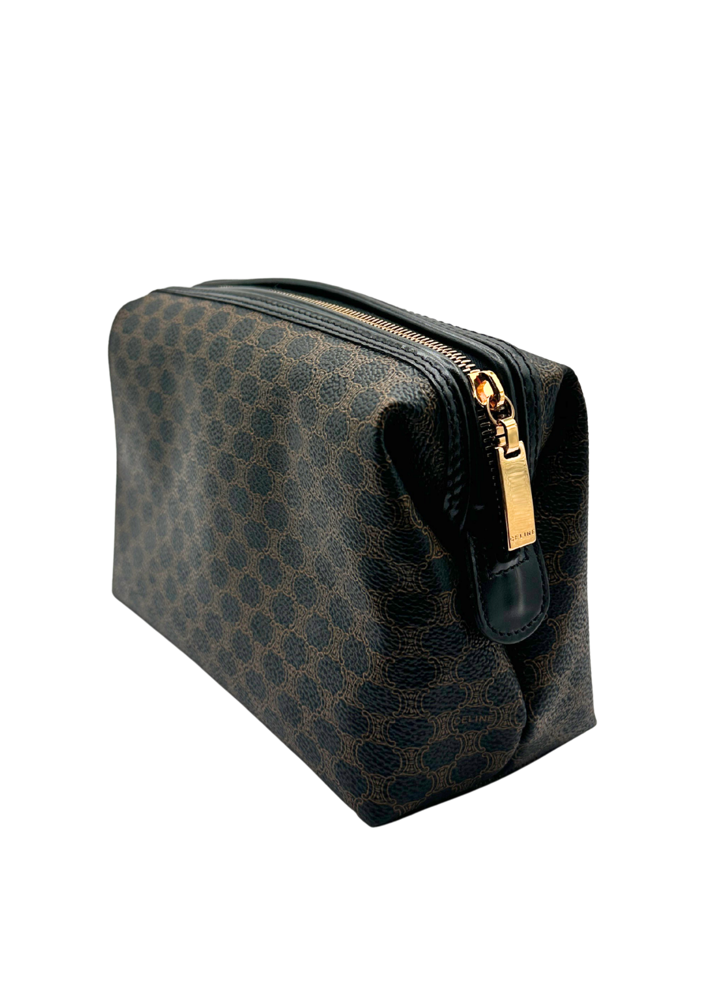 Patterned Celine toiletry bag with a gold zipper on a white background