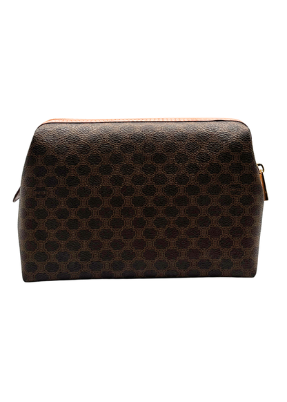 Brown patterned Celine toiletry bag on a white background