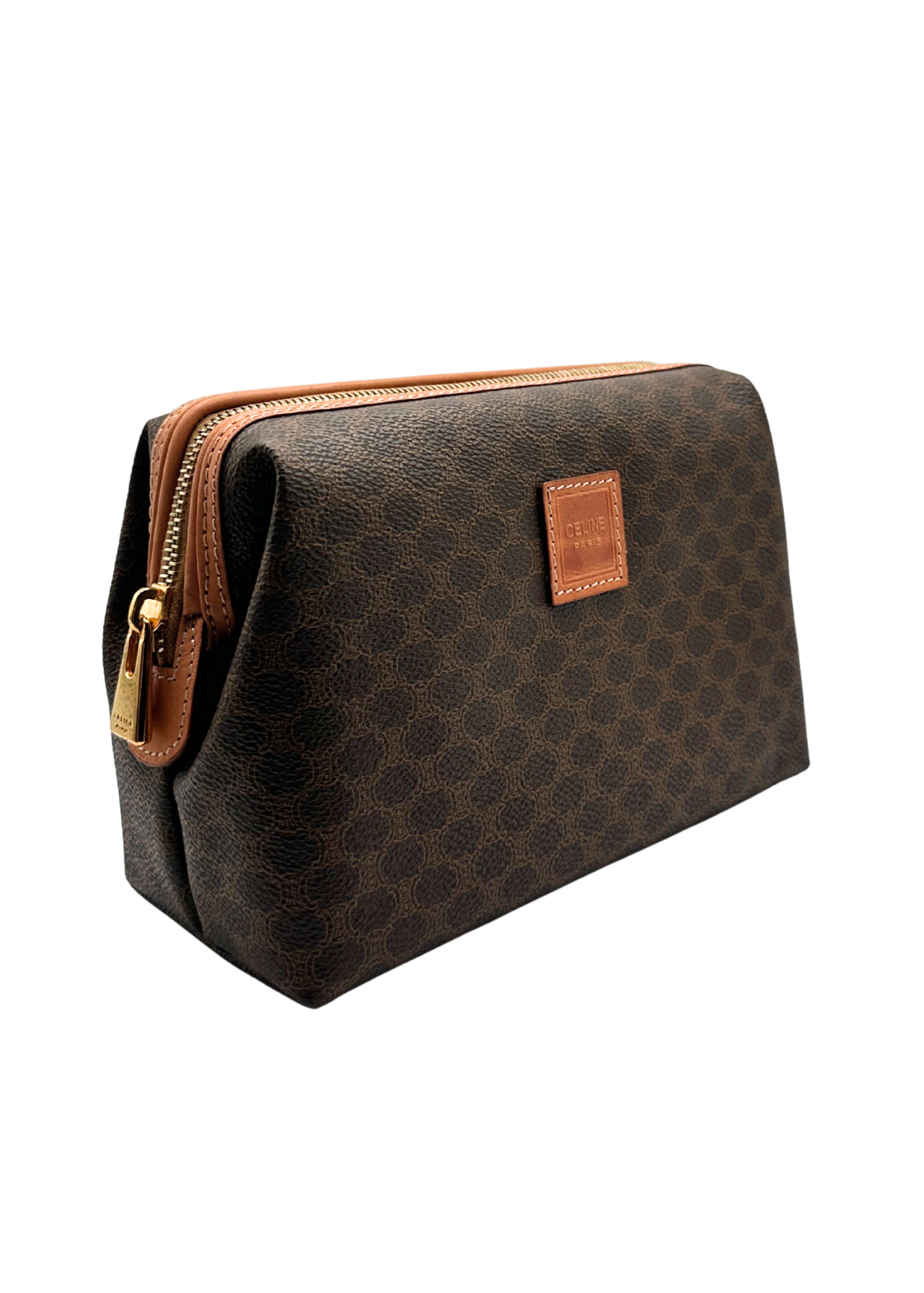 Brown patterned Celine toiletry bag with gold zipper and logo on a white background