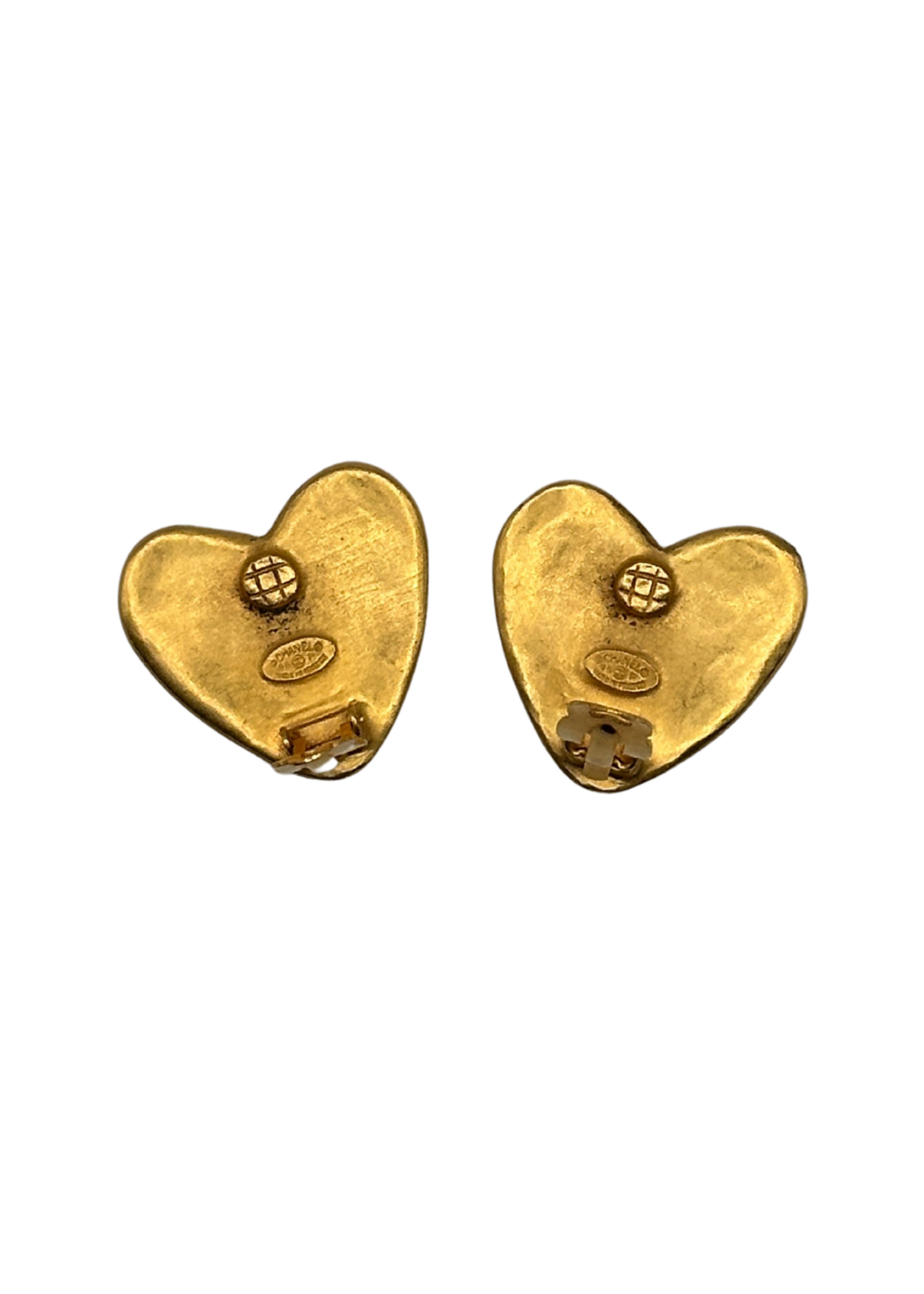 Gold heart-shaped vintage Chanel earrings on a white background