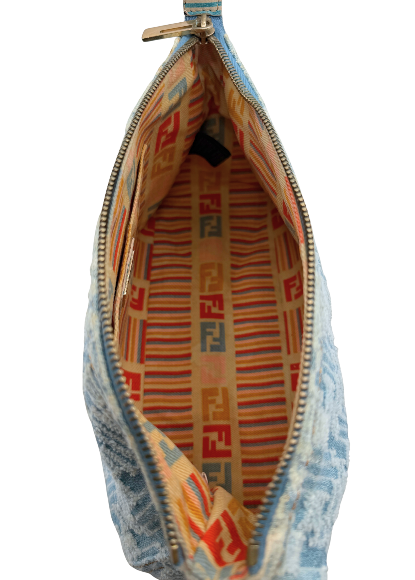 A close-up of a Fendi zippered pouchette or clutch shown open, featuring a light blue distressed denim-like exterior and a warm beige interior lined with orange, red, and blue striped pattern and Fendi FF logos.