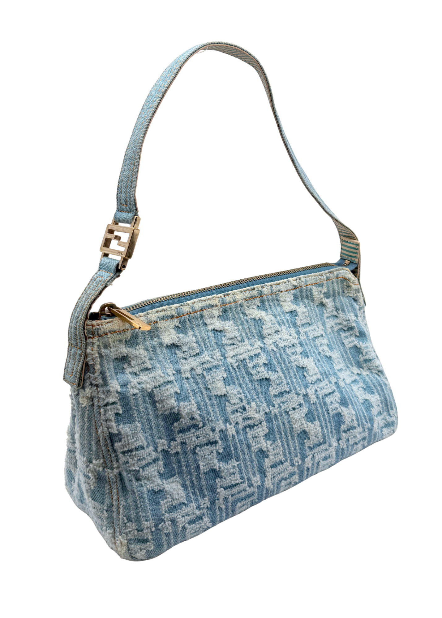 A light blue and white vintage Fendi zucca patterned shoulder bag with a single shoulder strap and gold-tone hardware, shown against a plain white background.