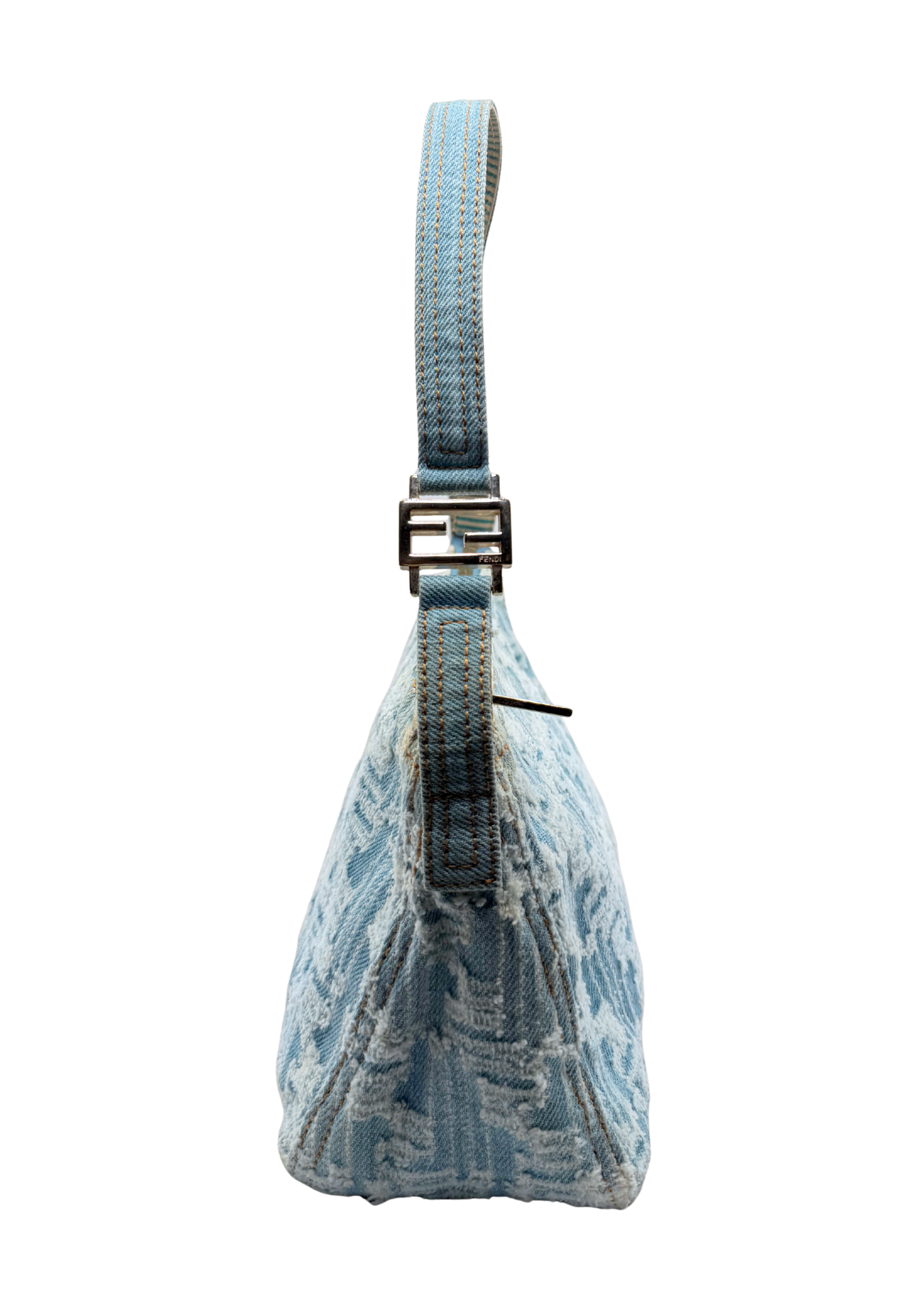 A light blue vintage Fendi denim shoulder bag shown from the side profile against a plain white background.