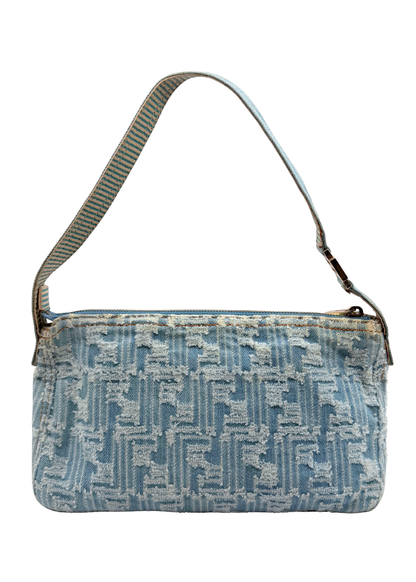 A light blue and white vintage denim Fendi Zucca patterned bag with a striped strap, shown against a plain white background.