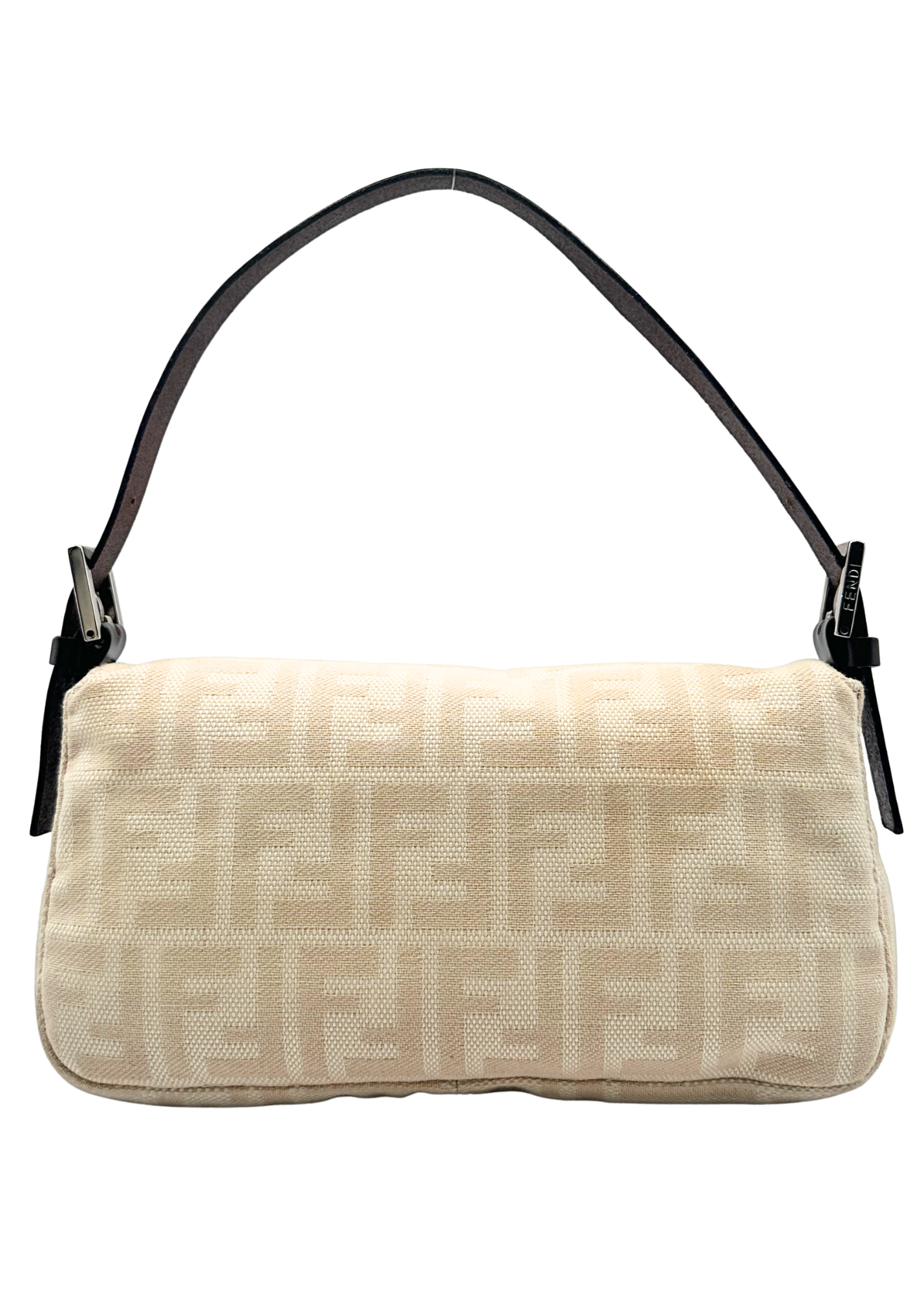 Fendi beige handbag with brown strap on a cream background