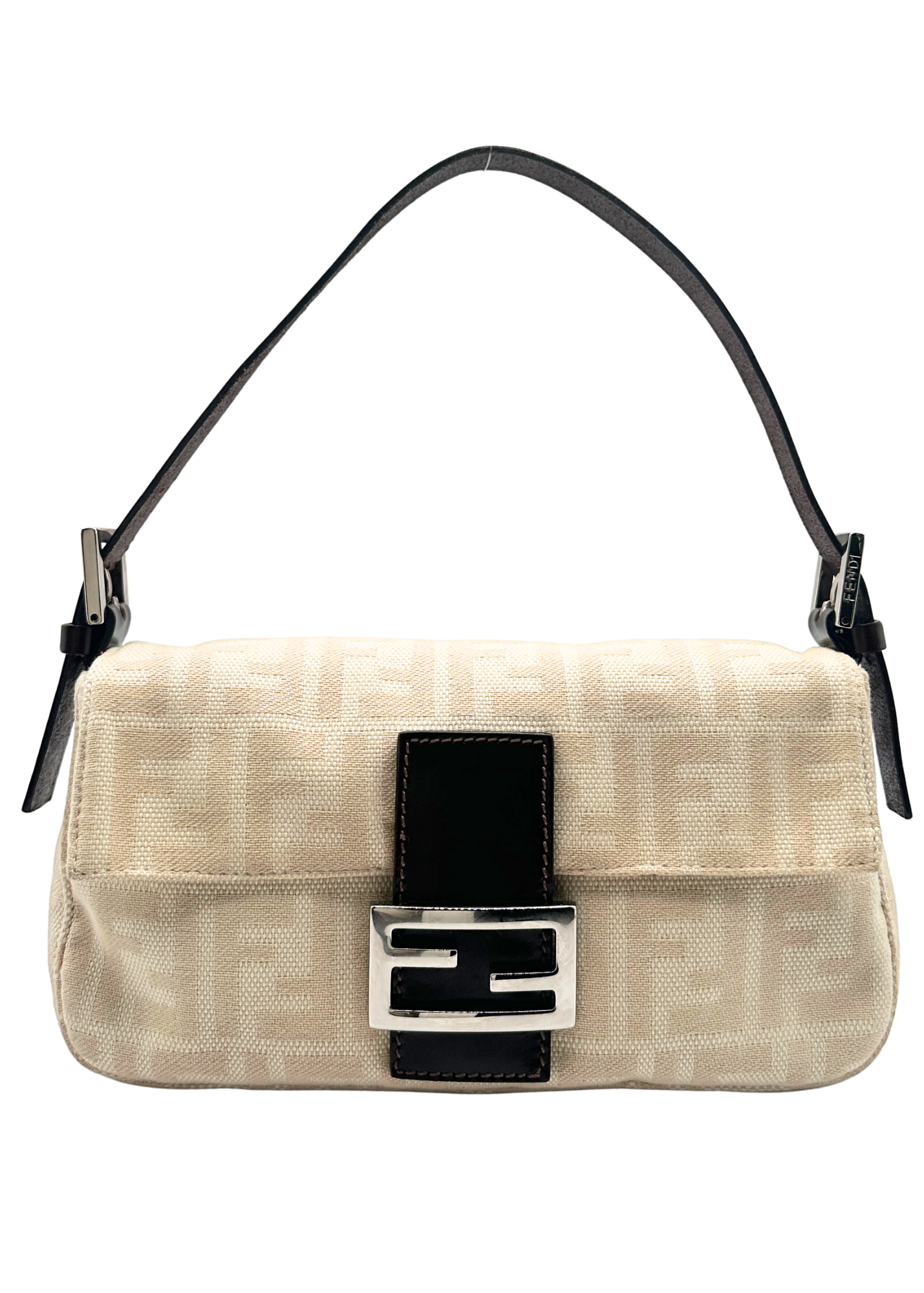 Fendi beige handbag with brown accents and a prominent logo on a cream background