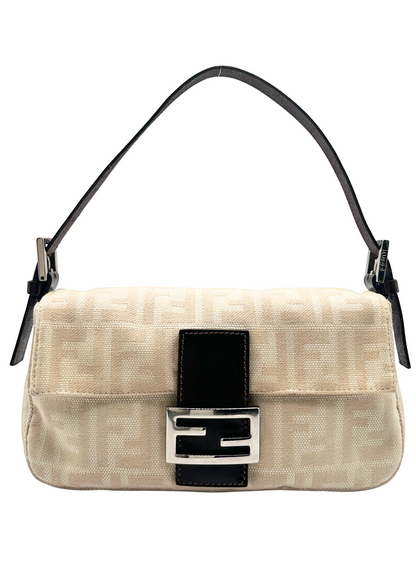 Fendi beige handbag with brown accents and a prominent logo on a cream background