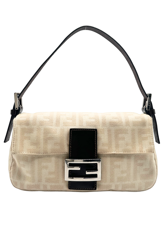 Fendi beige handbag with brown accents and a prominent logo on a cream background