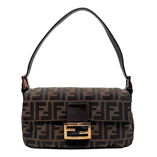 Fendi Designer baguette handbag with a distinctive pattern and gold clasp on a white background