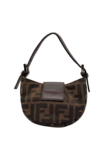 Brown Fendi mini handbag with an FF pattern on a white background