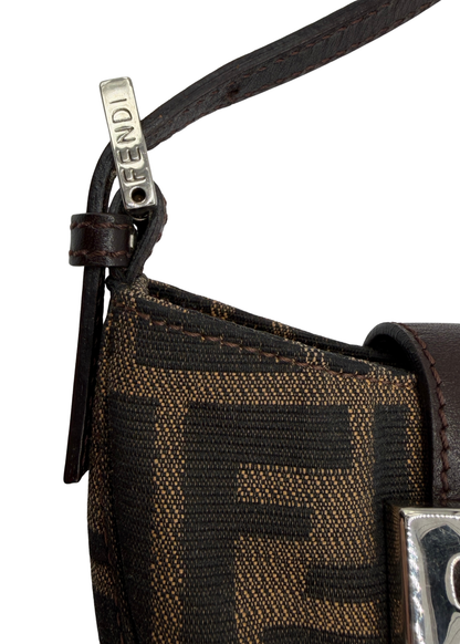 Close-up of a brown Zucca fabric and a visible Fendi brand logo on a white background.