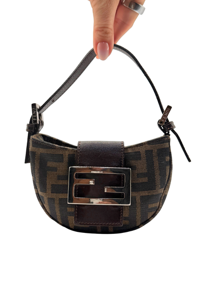 Brown Zucca patterned handbag with a prominent Fendi logo held by a hand on a white background