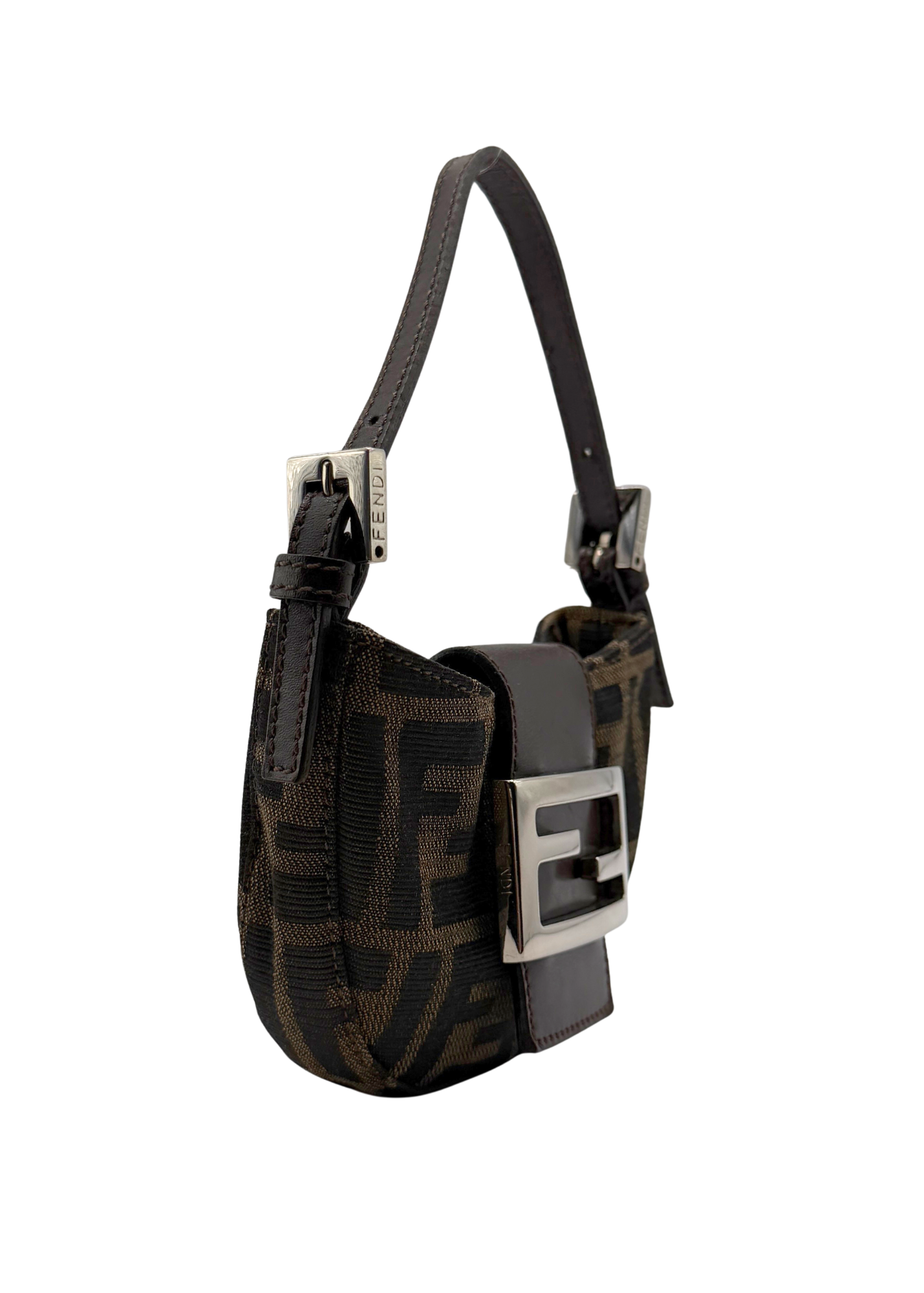 Brown Fendi handbag with black accents and a silver FF logo buckle on a white background