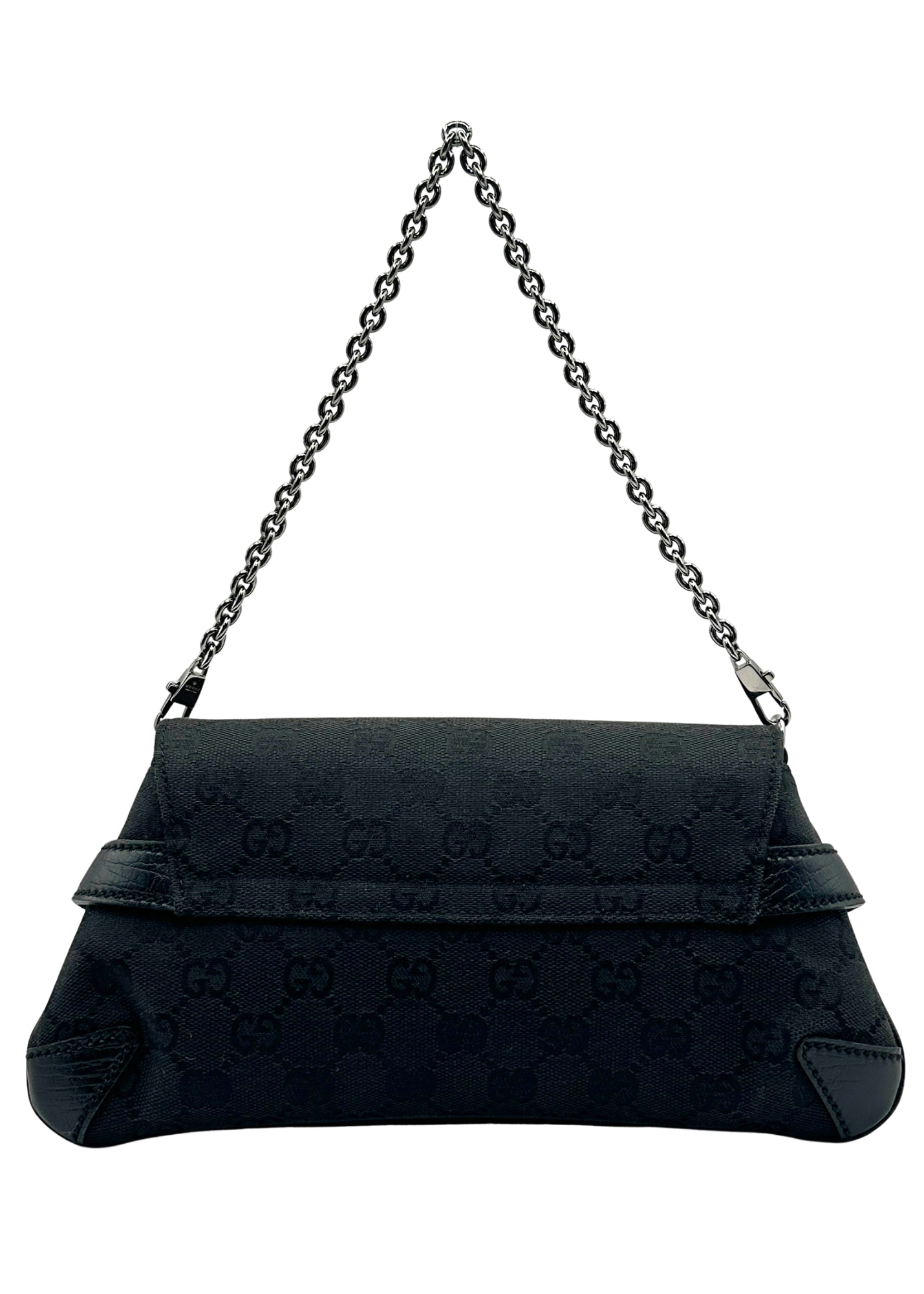 Black Gucci handbag with chain strap on a white background
