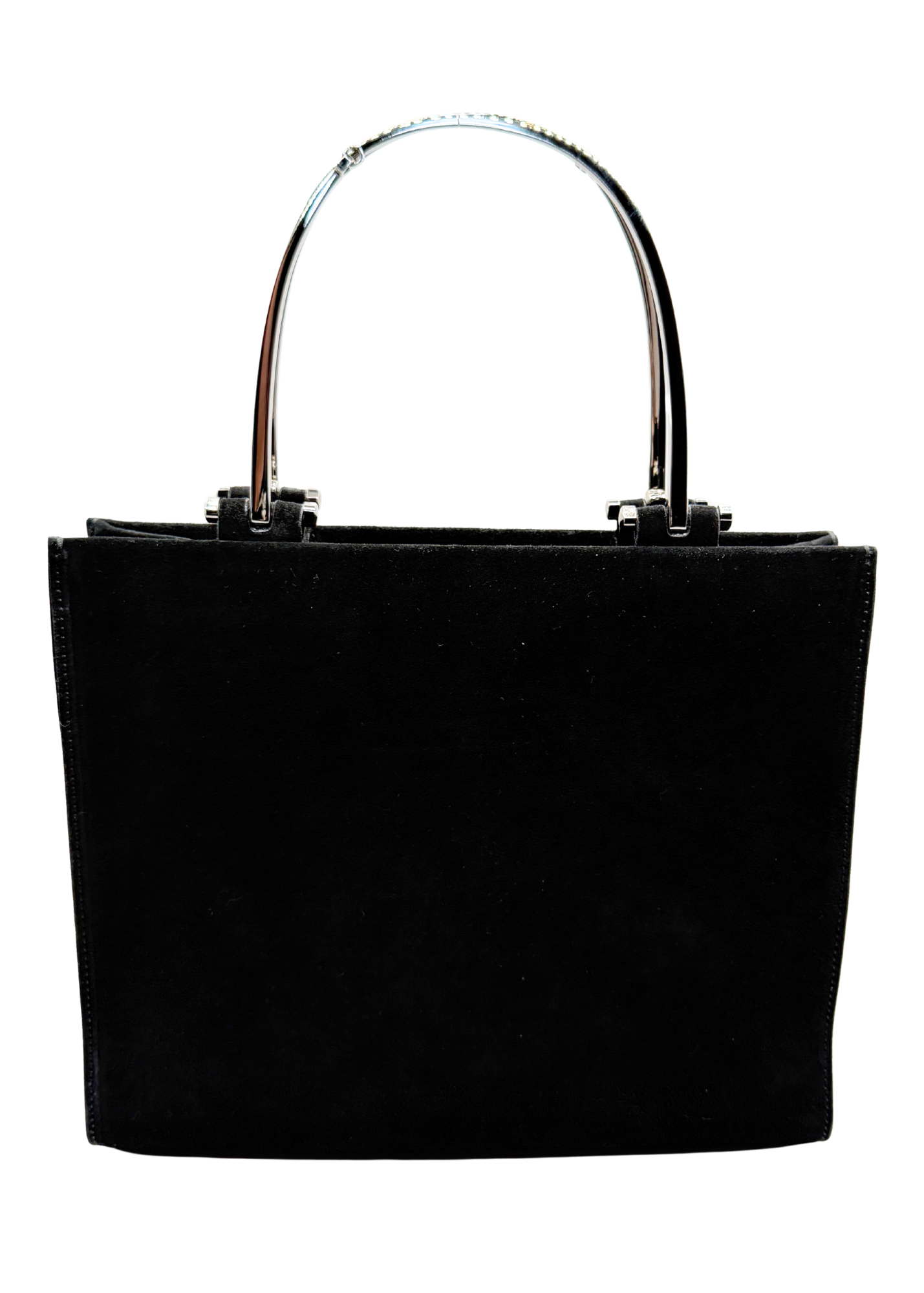 A black suede vintage Gucci tote bag with a curved, polished silver-tone horsebit metal top handle, shown against a plain white background.