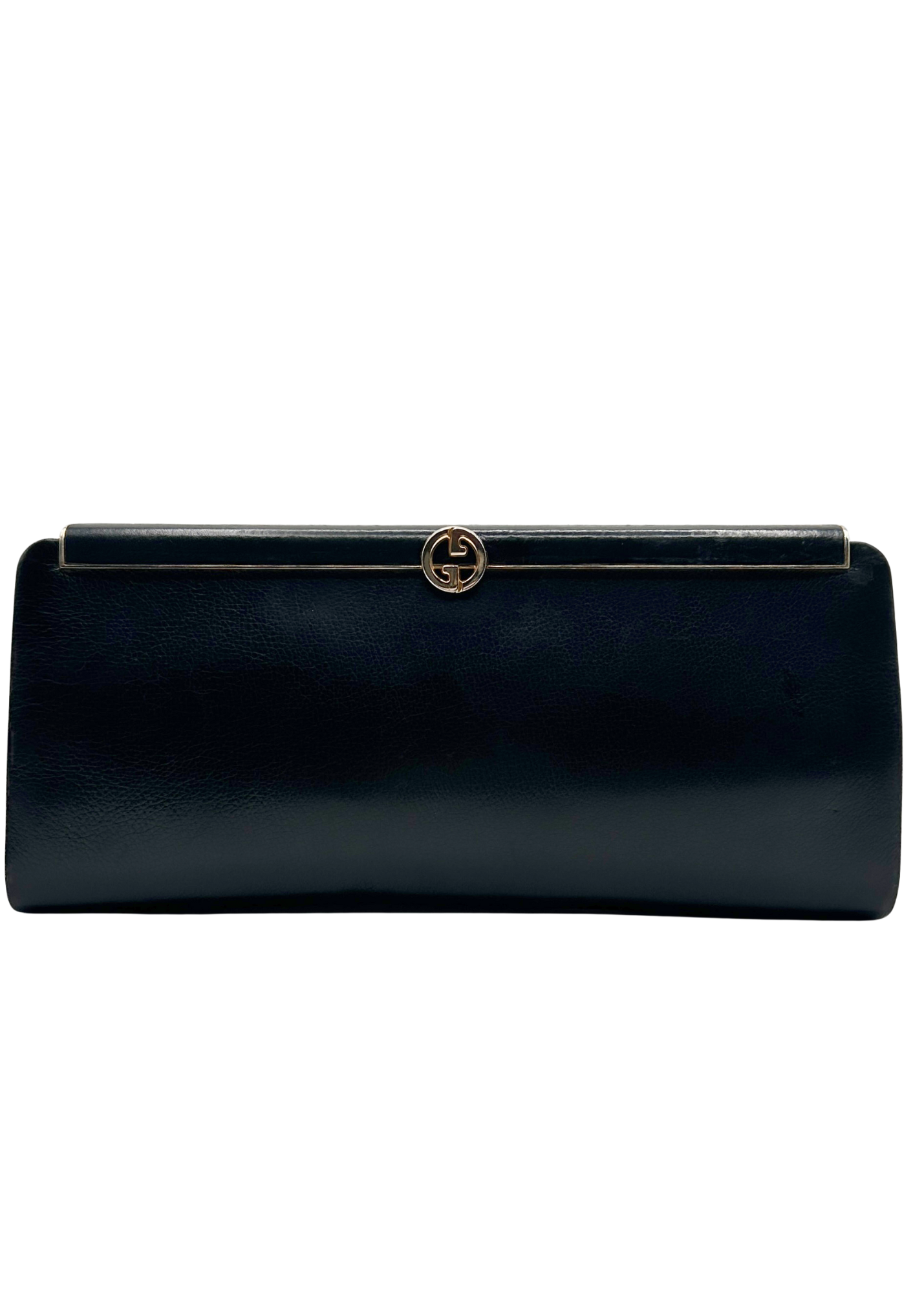 Gucci black clutch bag with a gold clasp on a white background