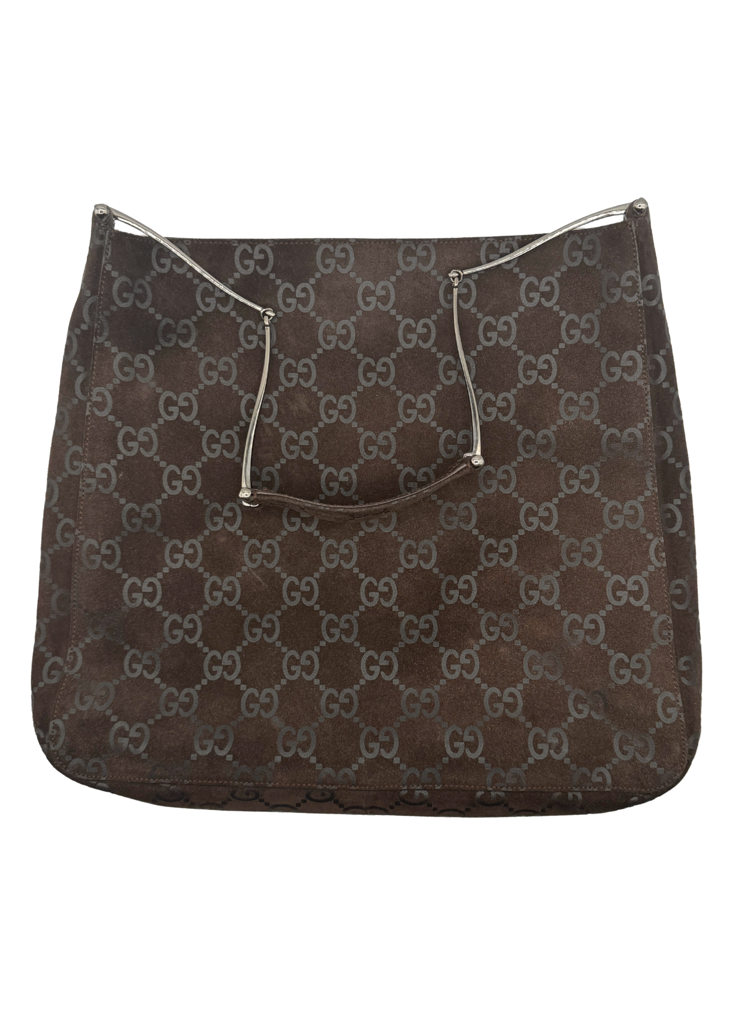 A dark brown Gucci tote bag featuring the signature GG monogram pattern in a lighter brown, with silver-tone metal hardware and a top handle, shown against a plain white background.