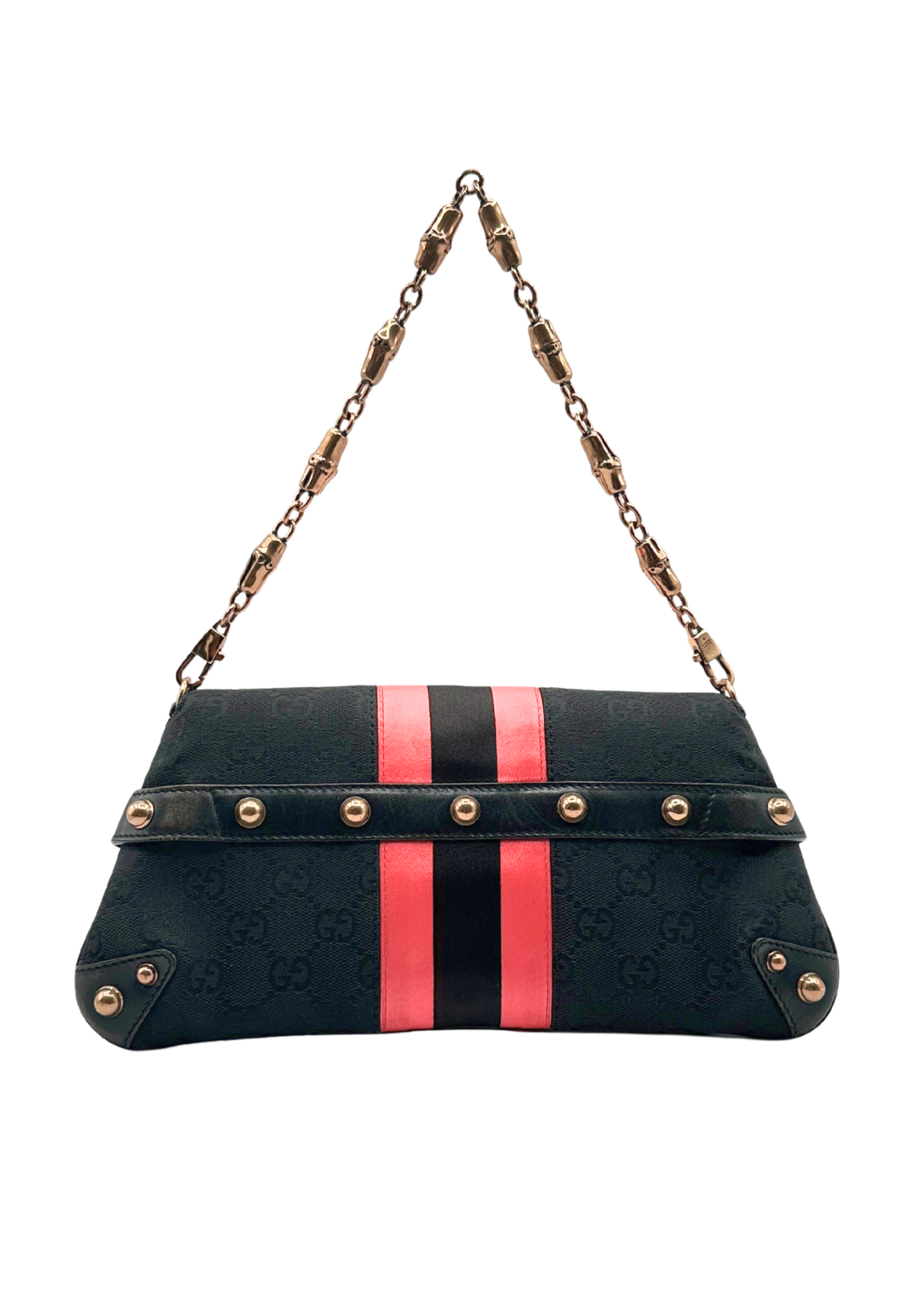 Black Gucci handbag with pink stripes and rose gold accents on a white background