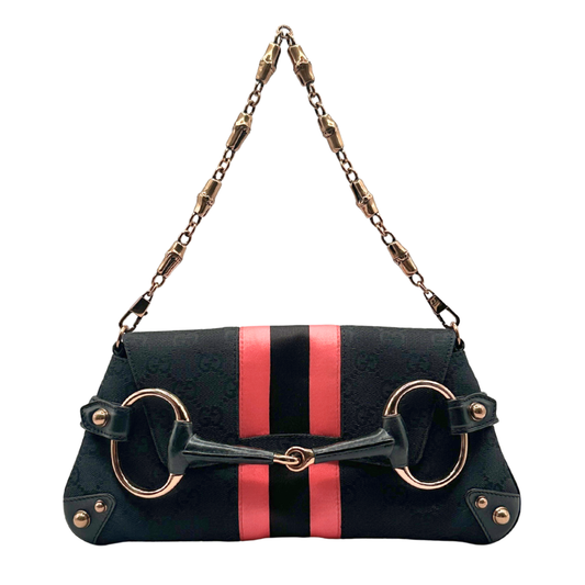 Black Gucci handbag with pink stripes and rose gold accents on a white background