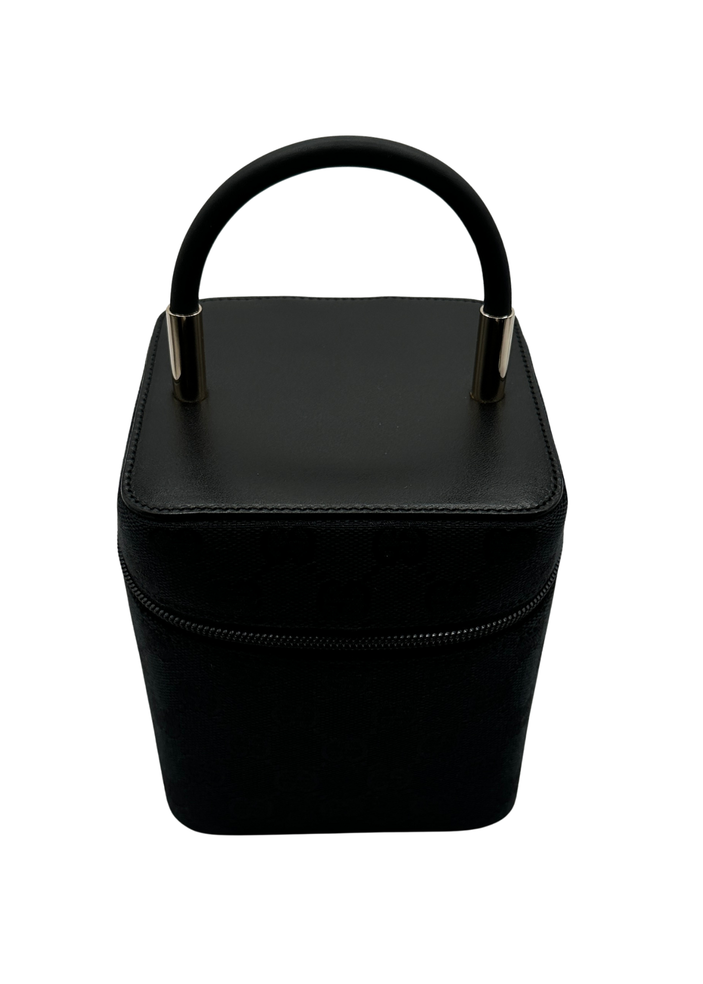 Black handbag with a handle on a white background