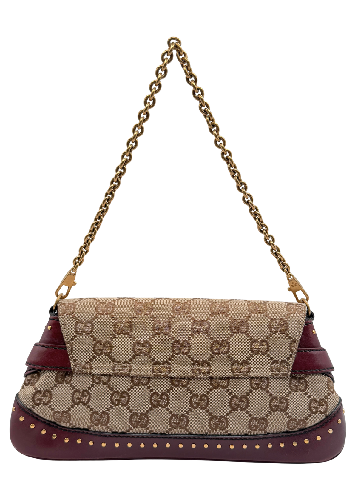 Vintage Rare Gucci Monogram horsebit clutch and shoulder bag with burgundy leather trim