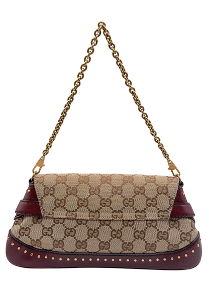 Vintage Rare Gucci Monogram horsebit clutch and shoulder bag with burgundy leather trim