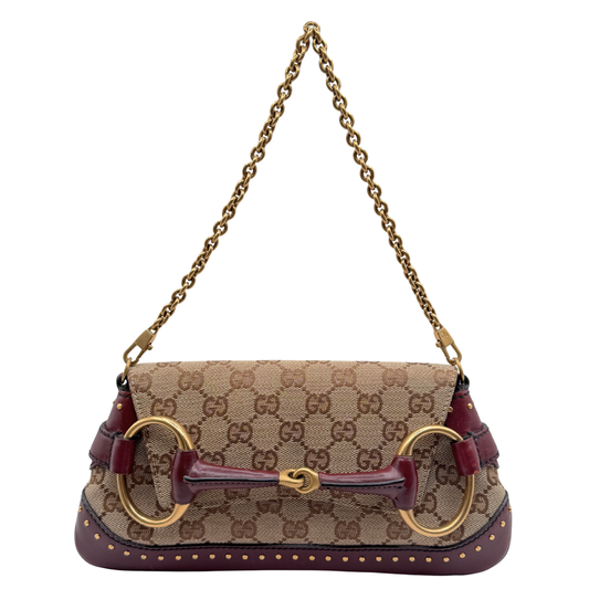 Gucci GG monogram horsebit clutch and shoulder bag with burgundy leather and gold stud trim