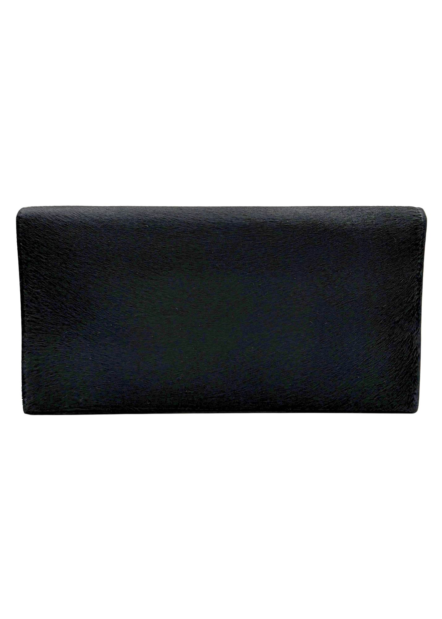 Vintage Gucci Black ponyhair clutch on a white background