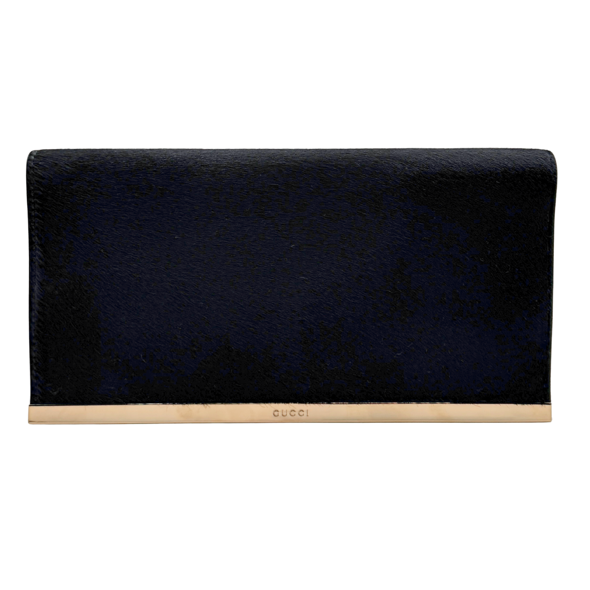 Black vintage Gucci ponyhair clutch bag with gold hardware on a white background