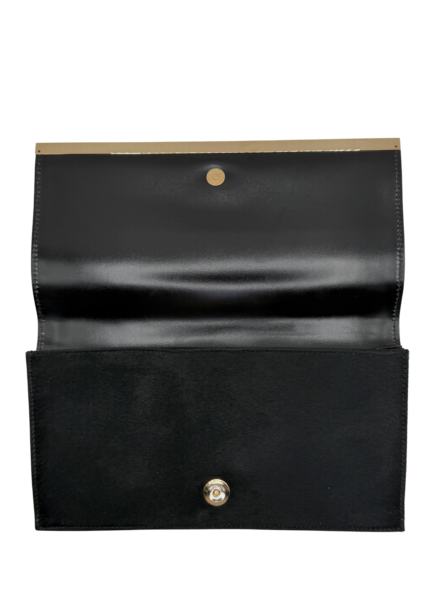 Gucci vintage black ponyhair clutch opened on a white background