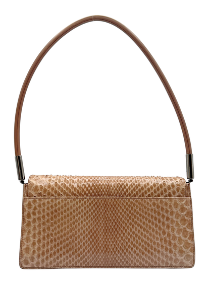 Brown and tan vintage python leather textured Gucci handbag with a strap on a white background