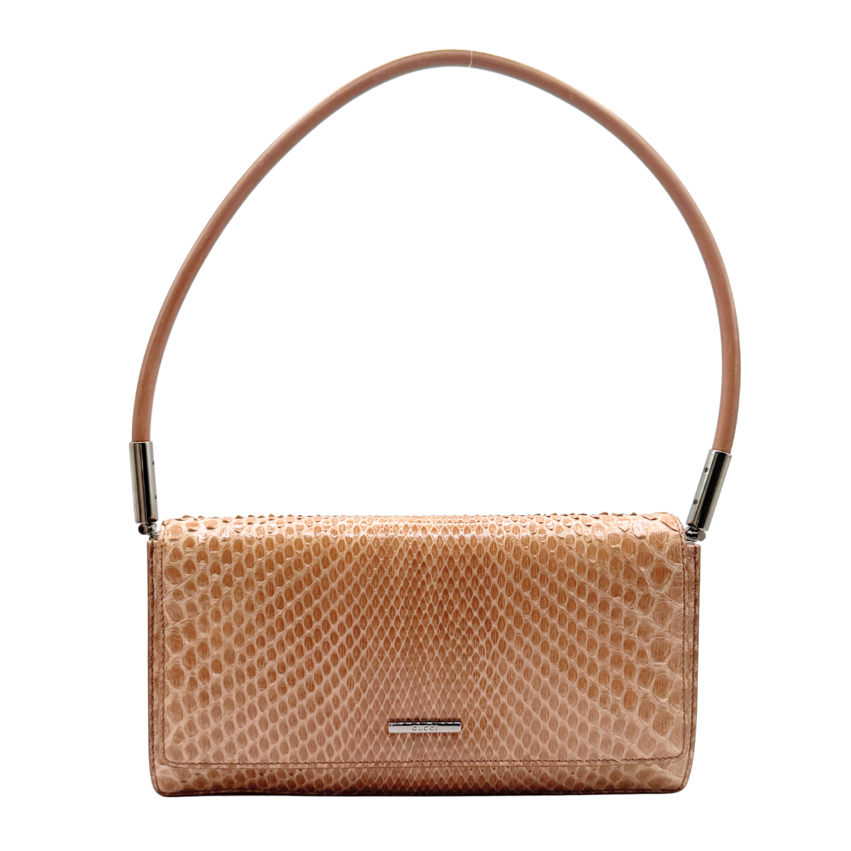 A rectangular shoulder bag with a tan and brown vintage Gucci python leather body, featuring a curved tan leather shoulder strap with silver metal connectors and a small silver brand plaque at the bottom center.